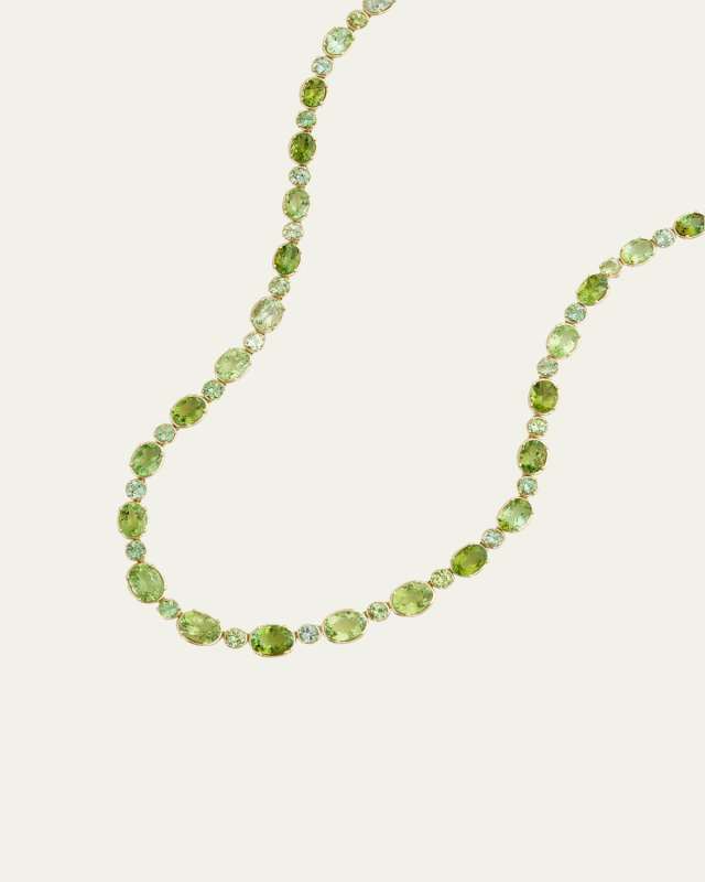18K Yellow Gold Graduated Light Green Tourmaline Oval and Round Necklace
